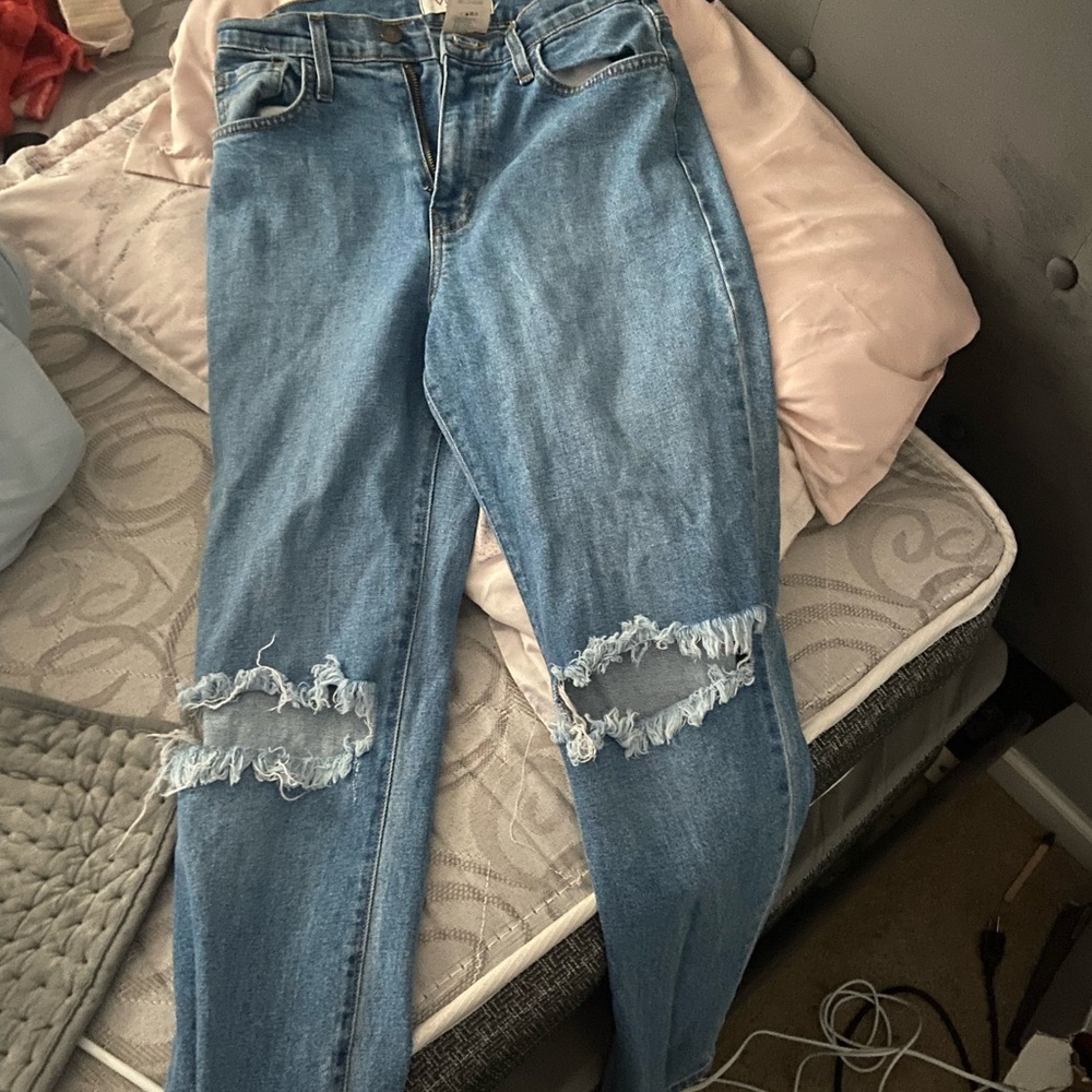 mid wash ripped straight leg jeans